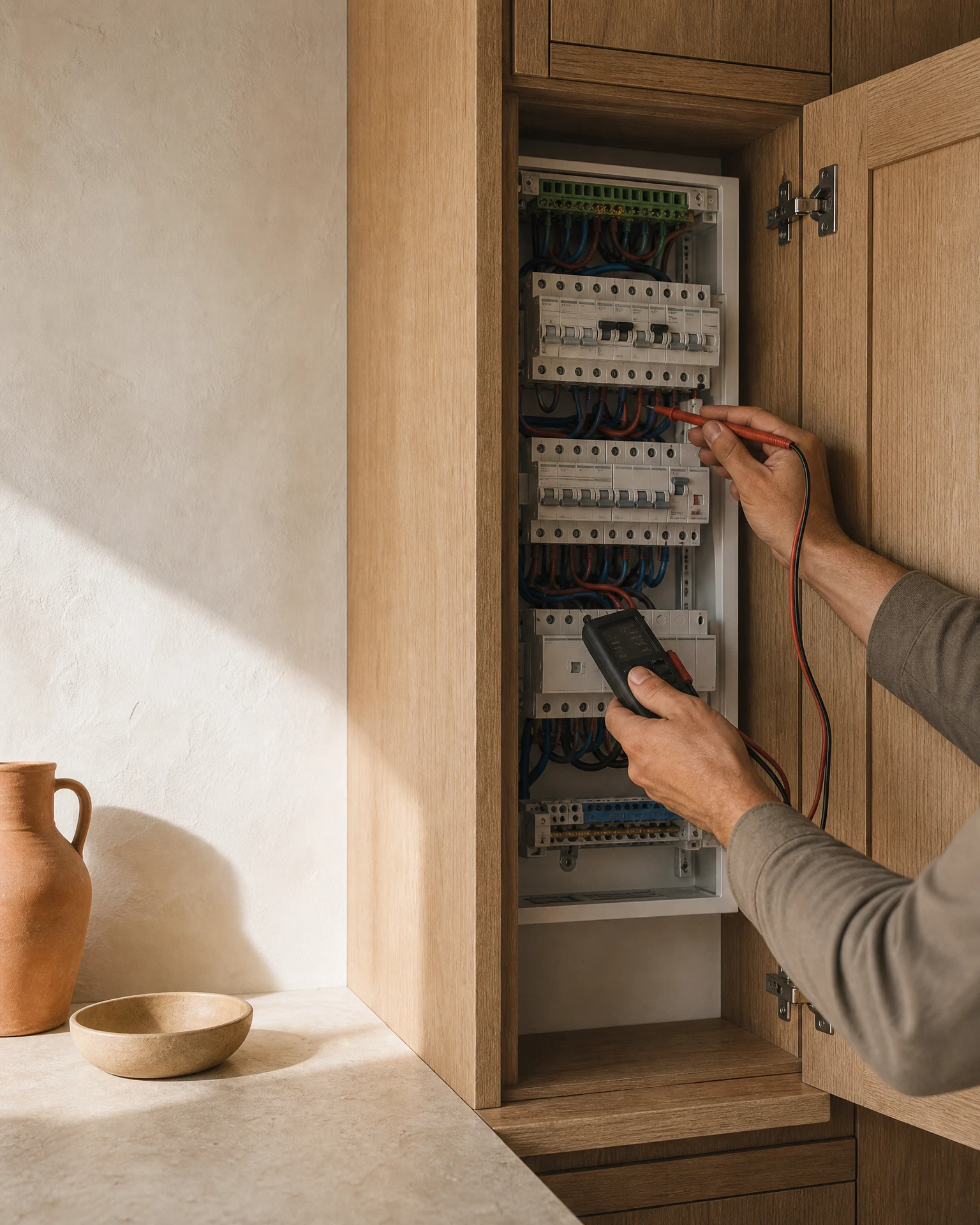 Tableau électrique intégré dans un meuble technique en chêne
